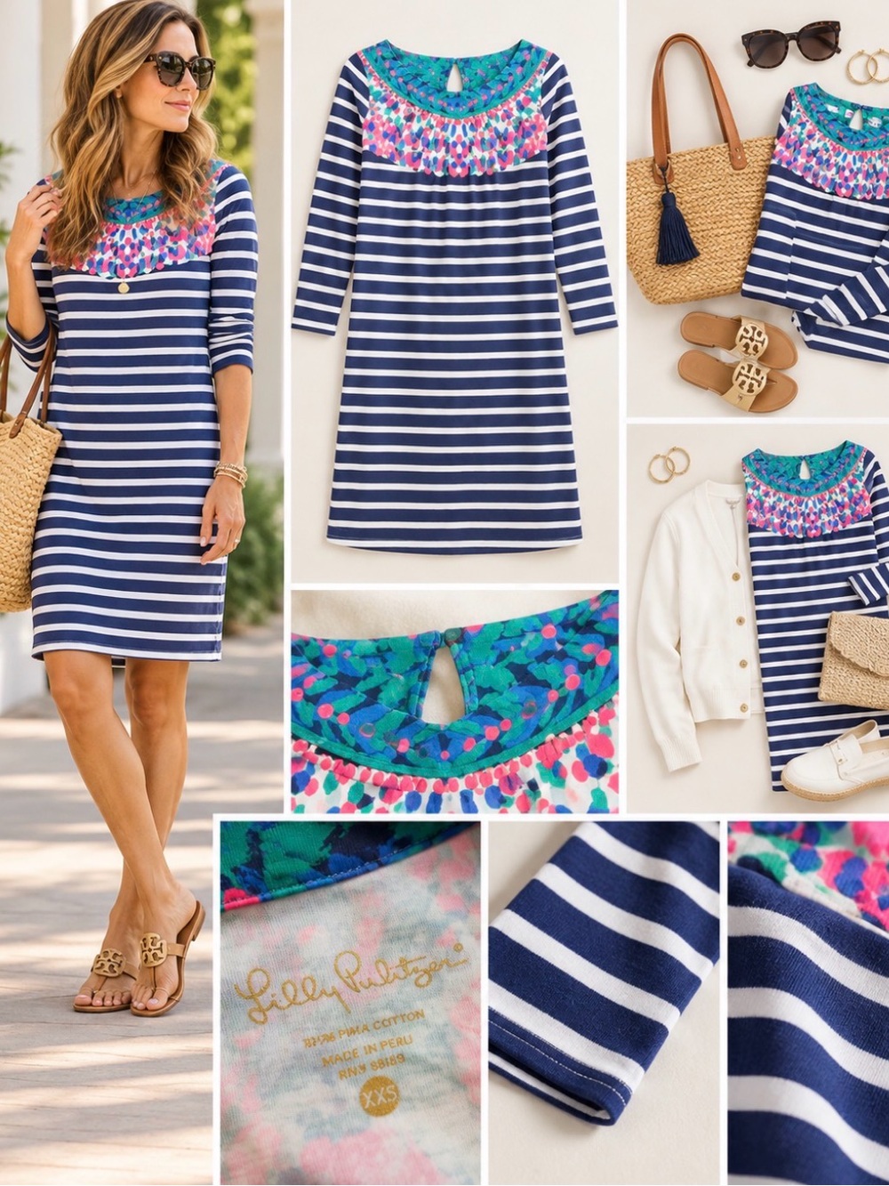 Lilly Pulitzer Navy & White Striped Dress with Teal and Pink Embroidered Yoke